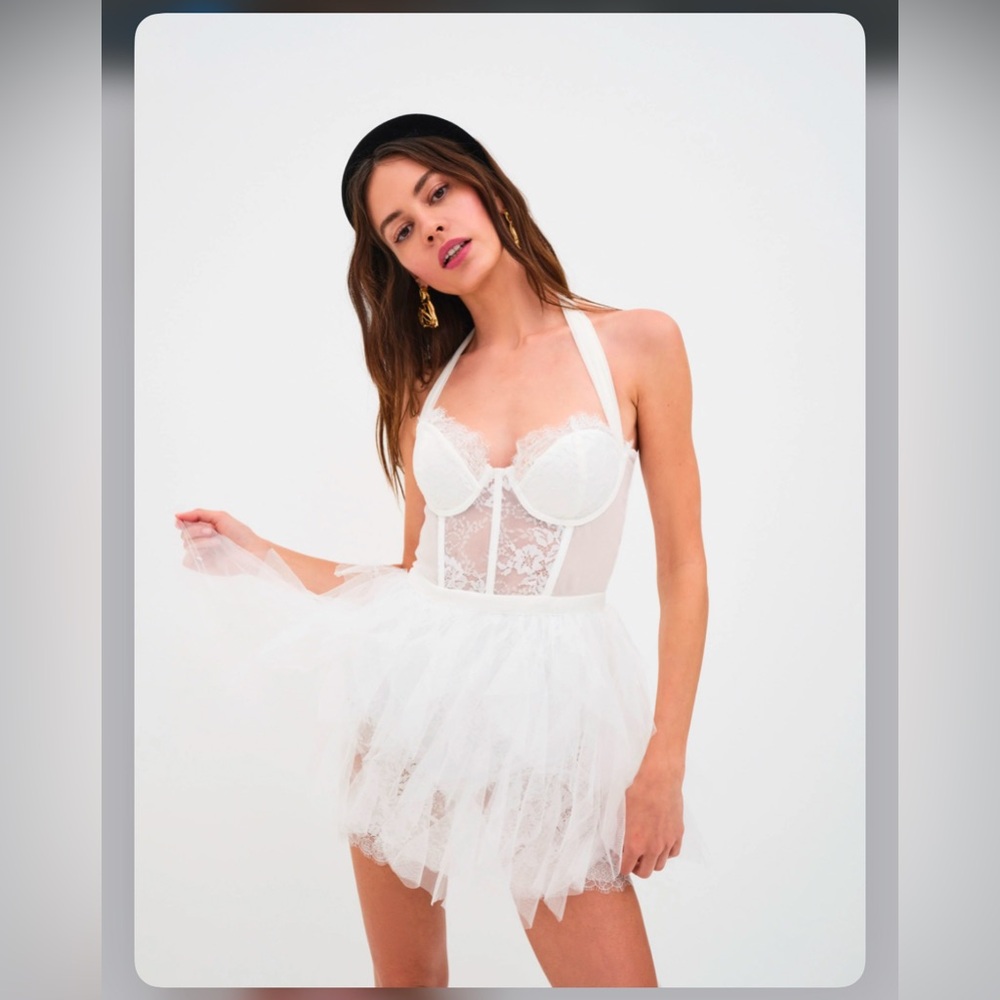 NWT For Love and Lemons White Mini Lace Tulle Bustier Gown Dress Wedding S